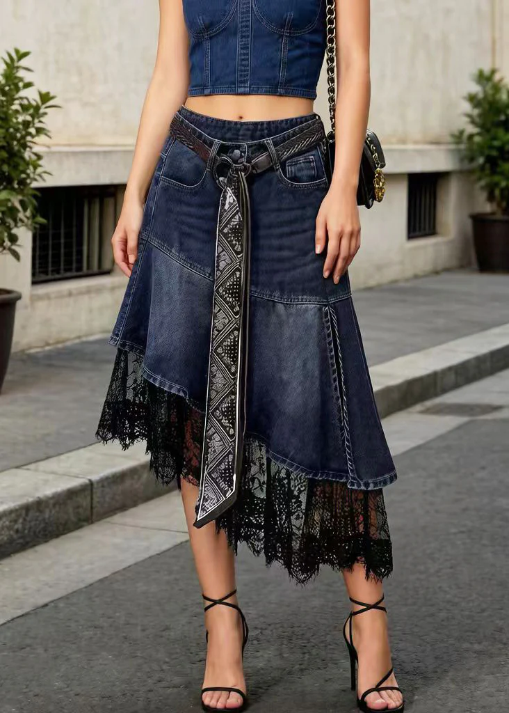 Denim Blue Patchwork Lace Skirt Low High Design Summer - Image 3