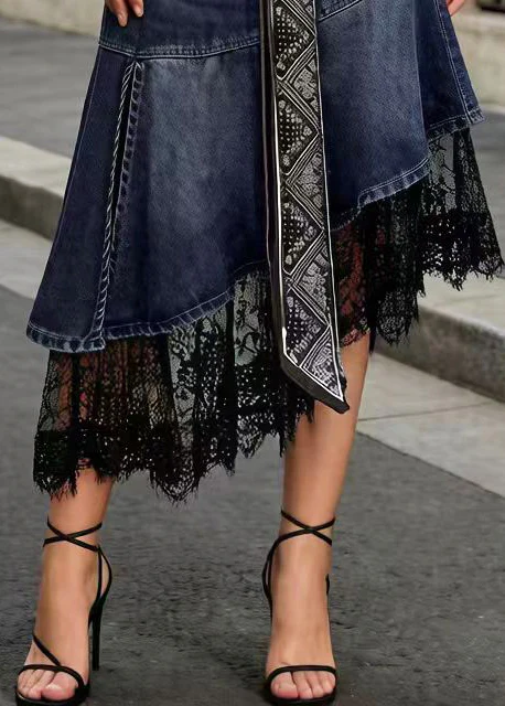 Denim Blue Patchwork Lace Skirt Low High Design Summer - Image 4