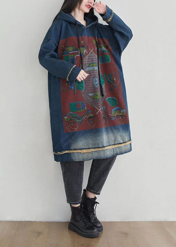 Denim Blue Print Cotton Sweatshirt Dress Oversized Drawstring Spring - Image 2