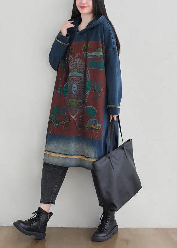 Denim Blue Print Cotton Sweatshirt Dress Oversized Drawstring Spring - Image 3