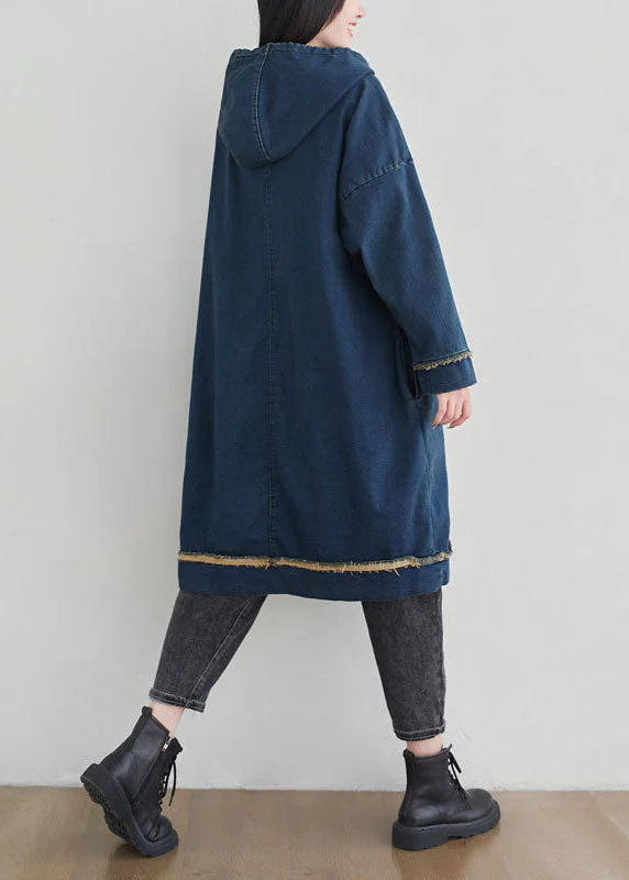 Denim Blue Print Cotton Sweatshirt Dress Oversized Drawstring Spring - Image 4