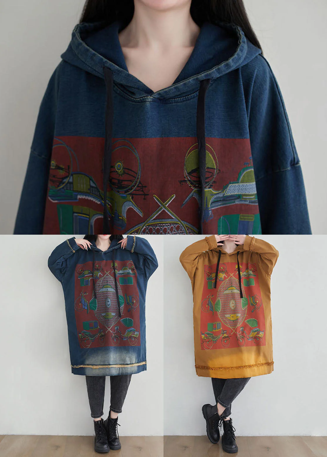 Denim Blue Print Cotton Sweatshirt Dress Oversized Drawstring Spring - Image 5