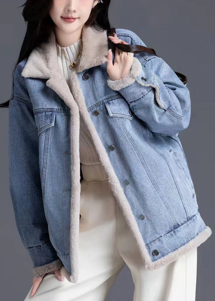 Denim Blue Warm Fleece Jacket Oversized Thick Winter - Image 2