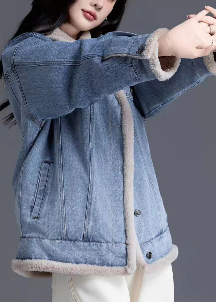 Denim Blue Warm Fleece Jacket Oversized Thick Winter - Image 3