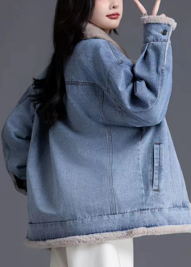 Denim Blue Warm Fleece Jacket Oversized Thick Winter - Image 4