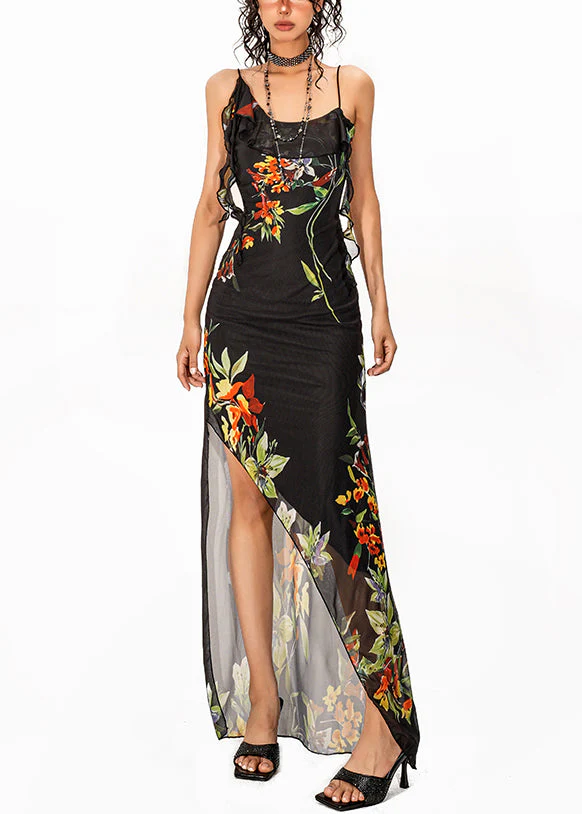 Dinner Black Print Side Open Tulle Long Spaghetti Strap Dress Sleeveless - Image 2