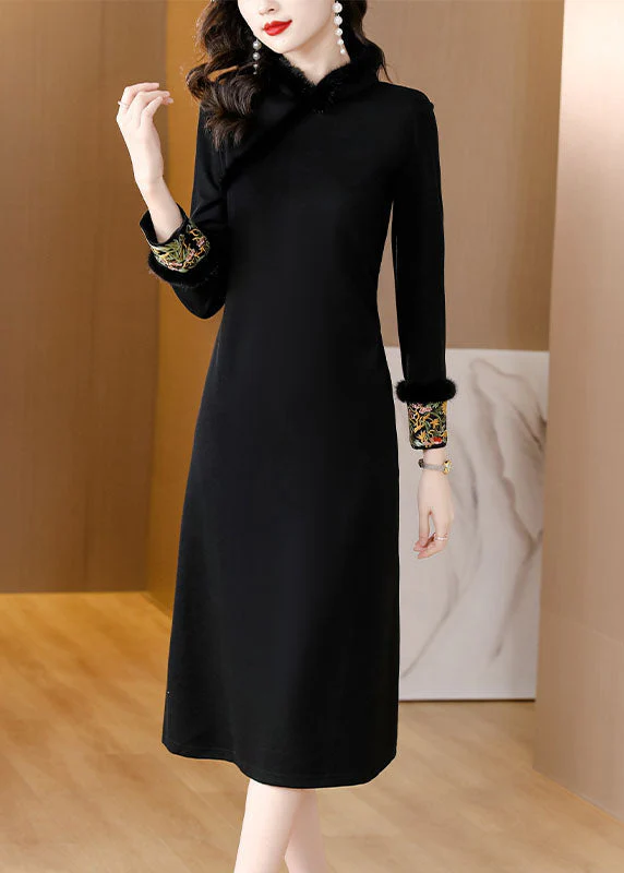 Dinner Black Stand Collar Warm Fleece Mink Hair Maxi Dress Long Sleeve