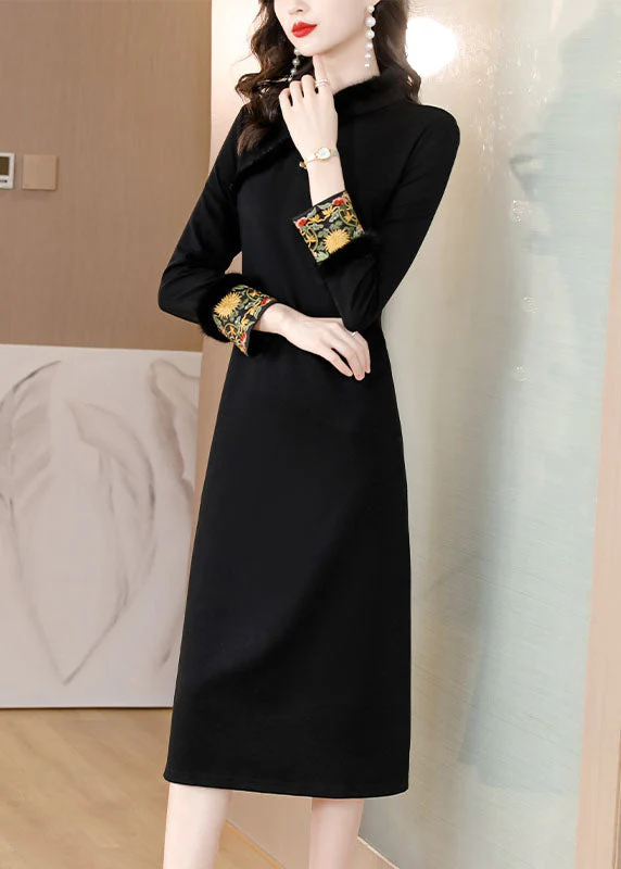 Dinner Black Stand Collar Warm Fleece Mink Hair Maxi Dress Long Sleeve - Image 3