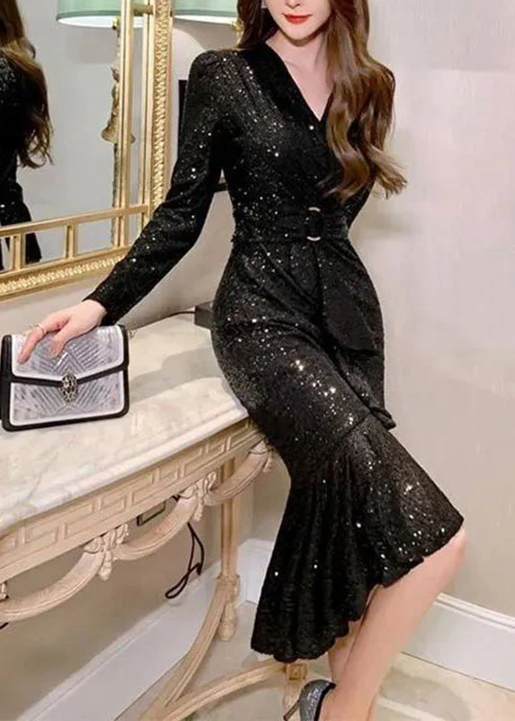 Dinner Black V Neck Sequins Tunic Maxi Dresses Spring - Image 3