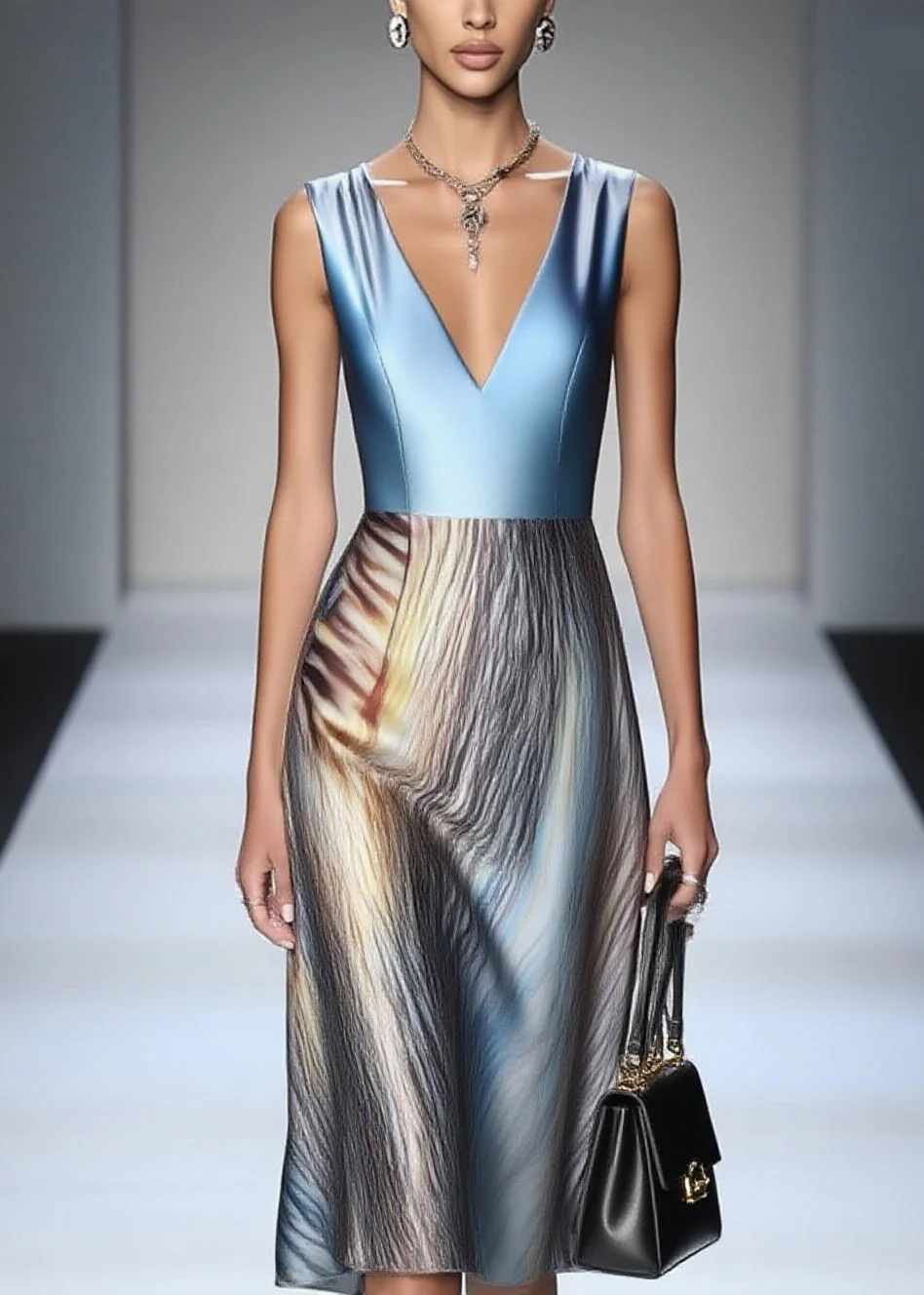 Dinner Blue Print Patchwork Silk Long Dress Sleeveless - Image 3