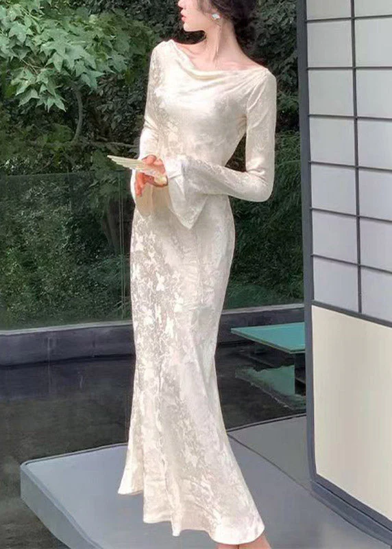 Dinner Champagne Slash Neck Draping Tunic Party Long Dress Flare Sleeve - Image 3