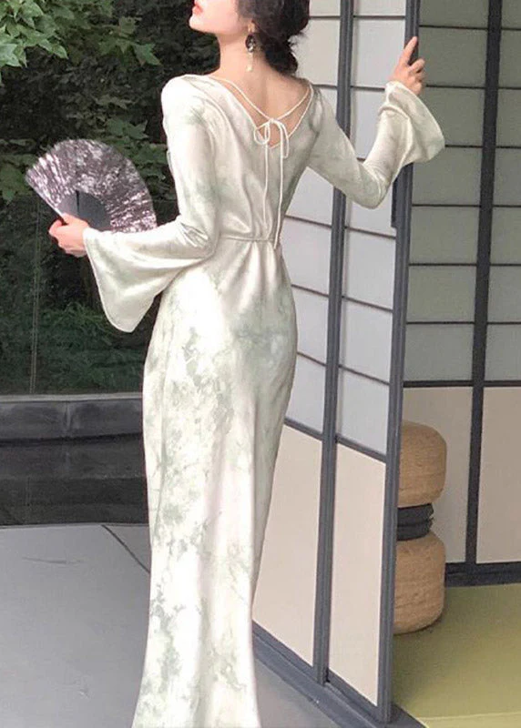 Dinner Champagne Slash Neck Draping Tunic Party Long Dress Flare Sleeve - Image 4