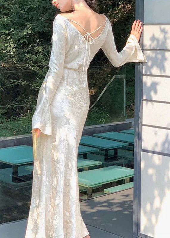 Dinner Champagne Slash Neck Draping Tunic Party Long Dress Flare Sleeve - Image 5