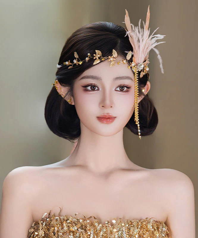 Dinner Gold CrystalZircon Feather Tassel HairPiece