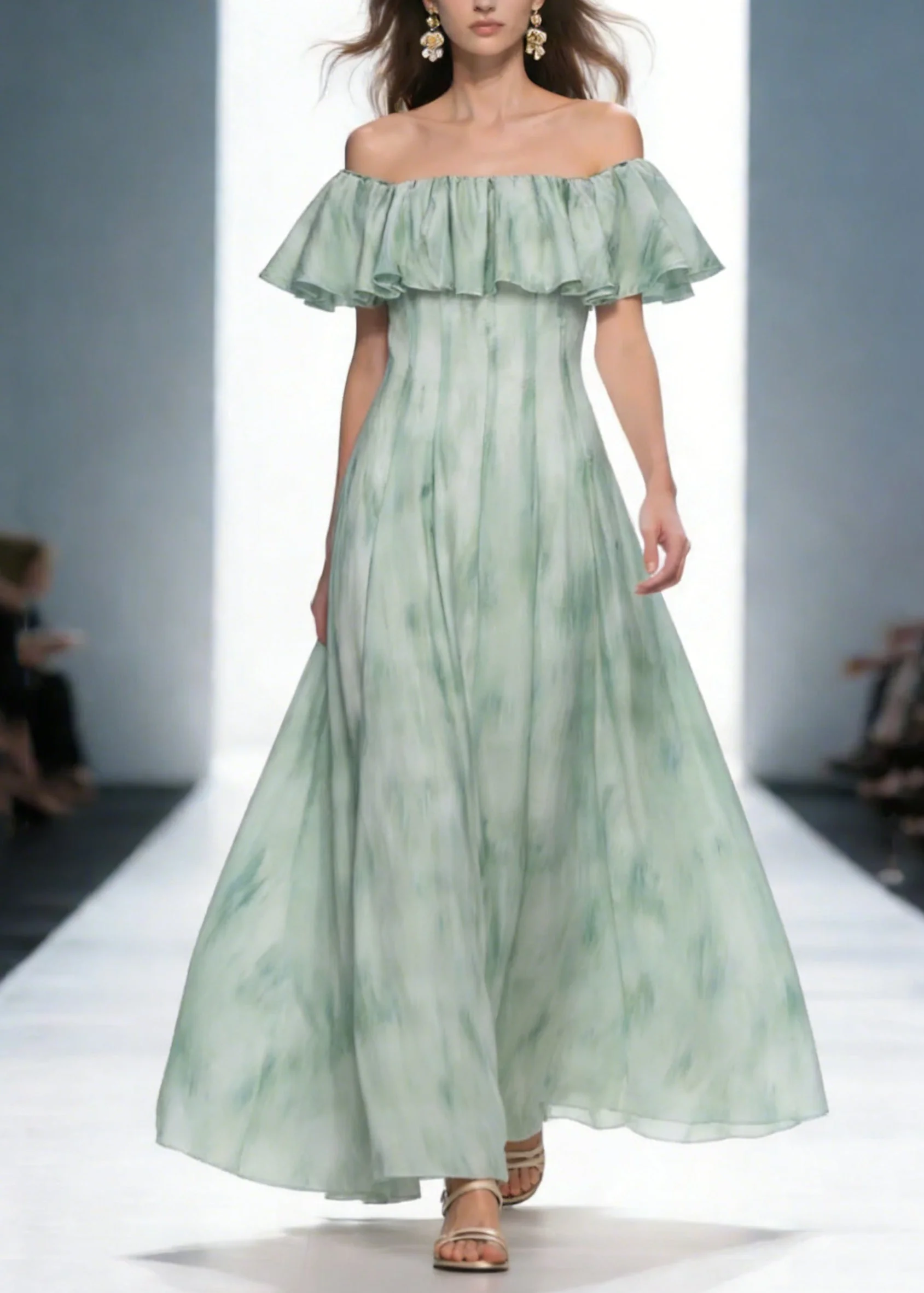 Dinner Green Slash Neck Print Long Dress Short Sleeve - Image 3