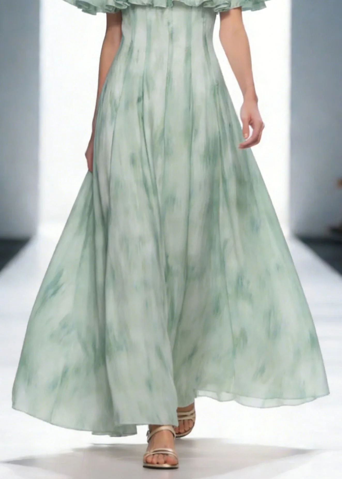 Dinner Green Slash Neck Print Long Dress Short Sleeve - Image 4