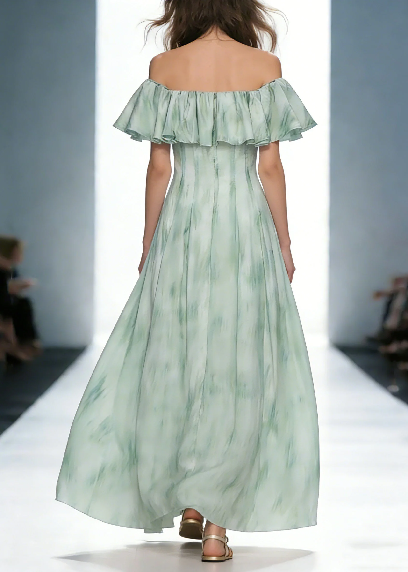 Dinner Green Slash Neck Print Long Dress Short Sleeve - Image 5
