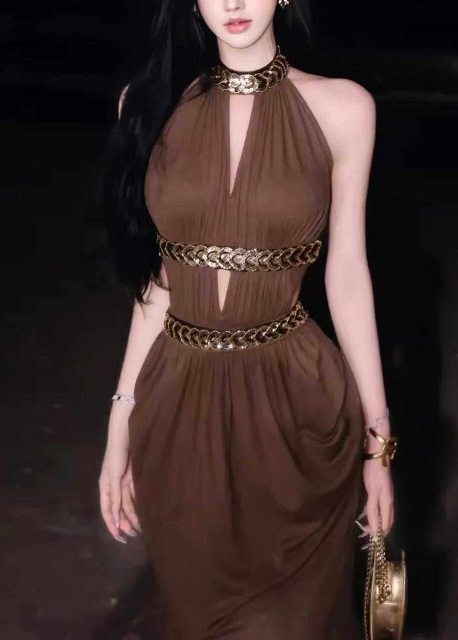 Dinner Olive Green V Neck Halter Hollow Out Maxi Dresses Summer - Image 2