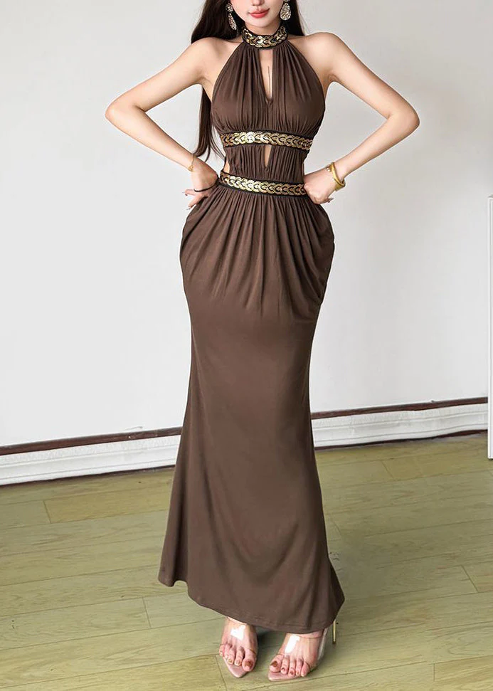 Dinner Olive Green V Neck Halter Hollow Out Maxi Dresses Summer - Image 4