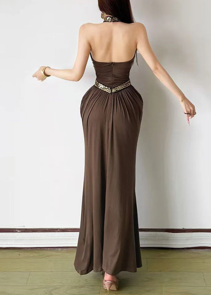 Dinner Olive Green V Neck Halter Hollow Out Maxi Dresses Summer - Image 5