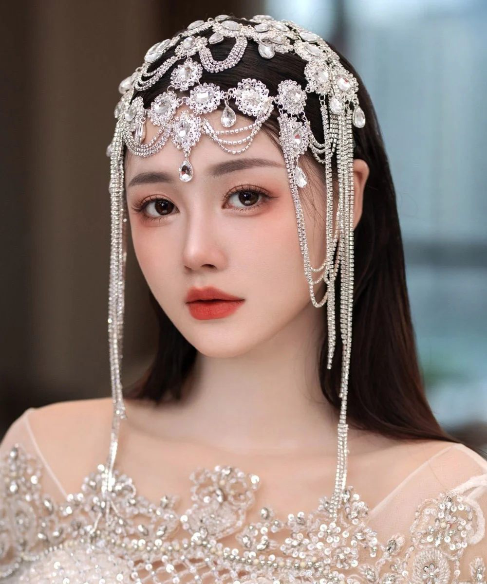 Dinner White Crystal Zircon Hollow Out Tassel HairPiece - Image 2