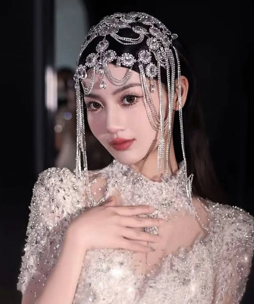 Dinner White Crystal Zircon Hollow Out Tassel HairPiece - Image 4