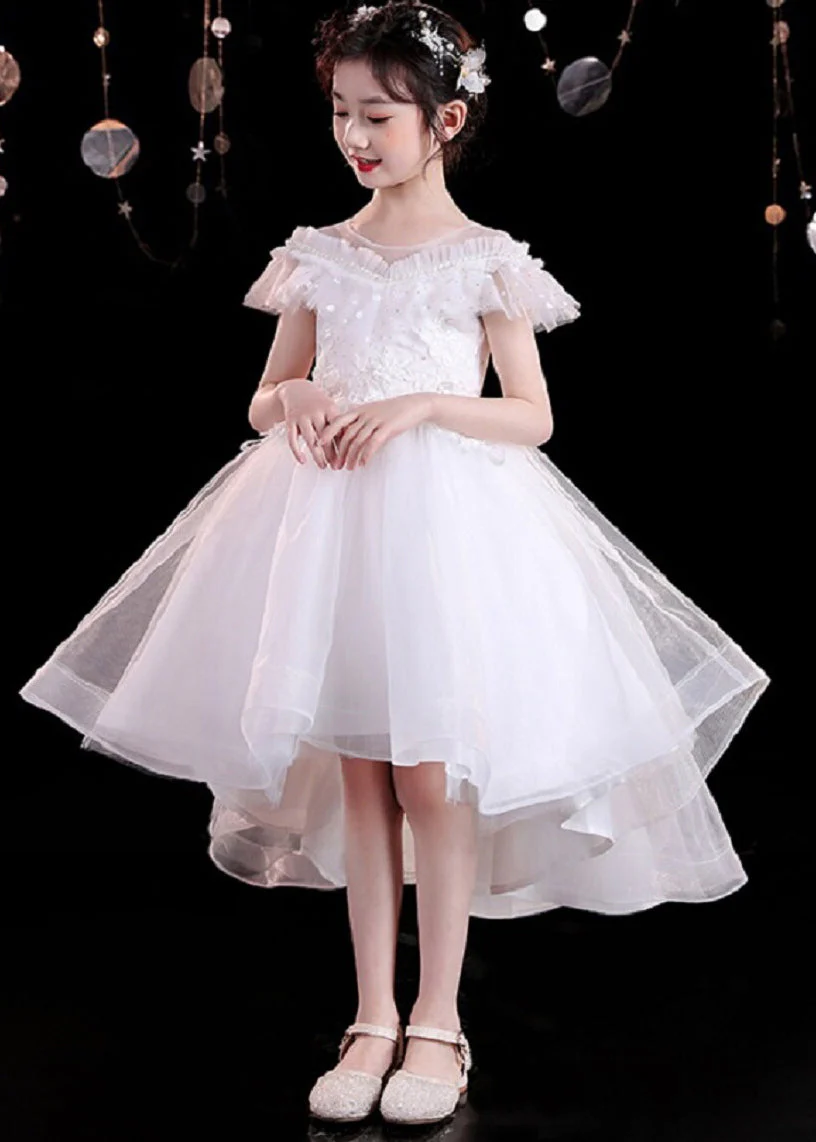 Dinner White O-Neck Floral Kids Tulle Party Maxi Dress Summer - Image 3