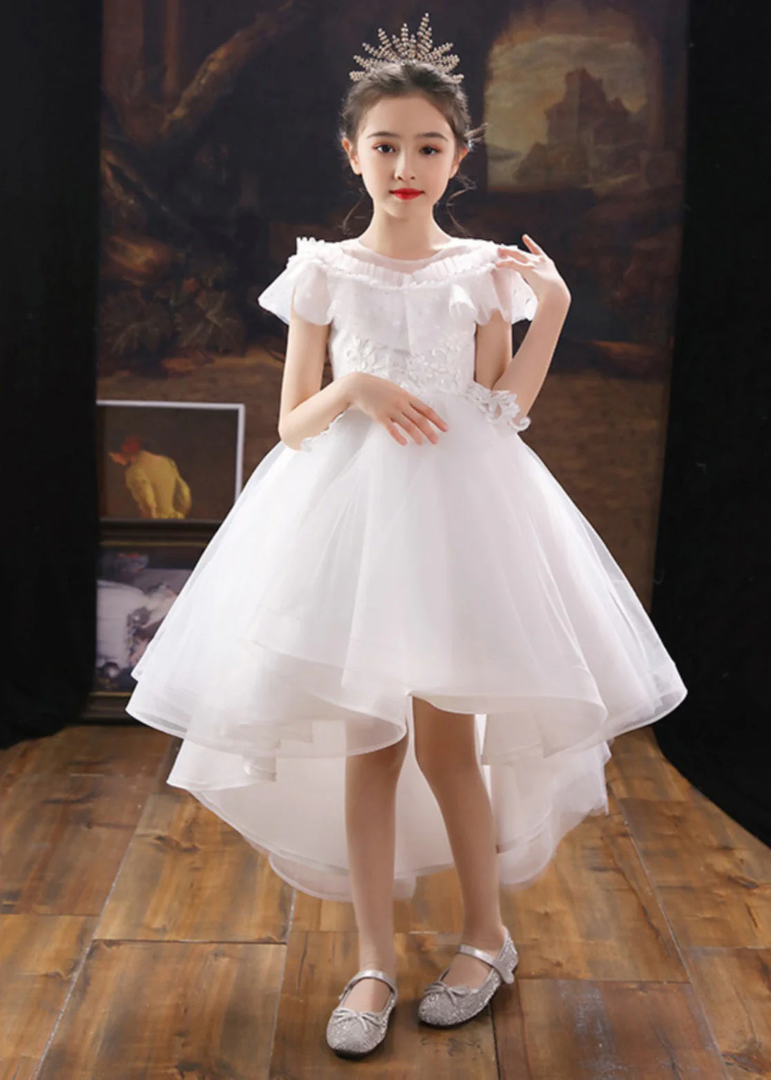 Dinner White O-Neck Floral Kids Tulle Party Maxi Dress Summer - Image 4