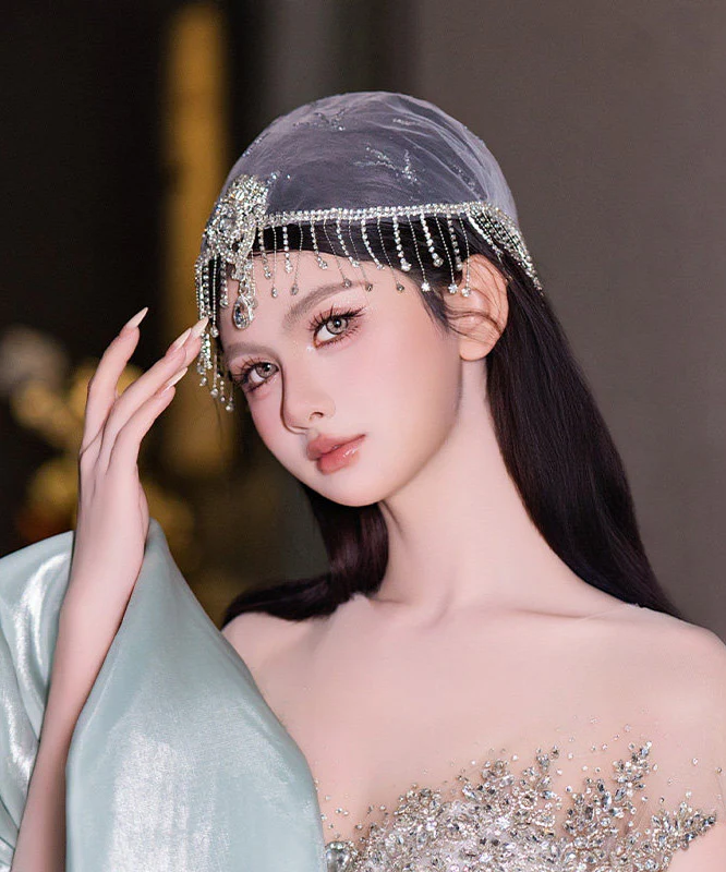 Dinner White Tulle Patchwork Zircon Tassel HairPiece - Image 3