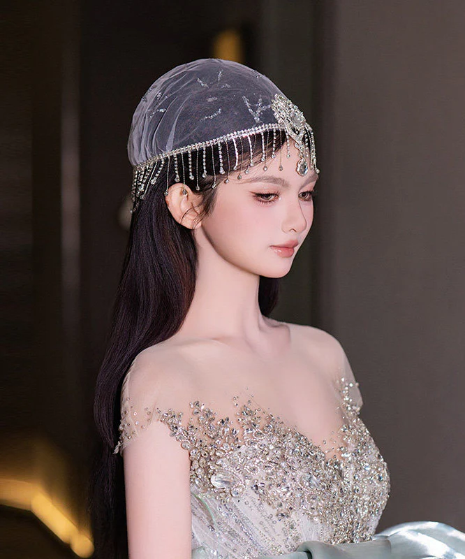 Dinner White Tulle Patchwork Zircon Tassel HairPiece - Image 4