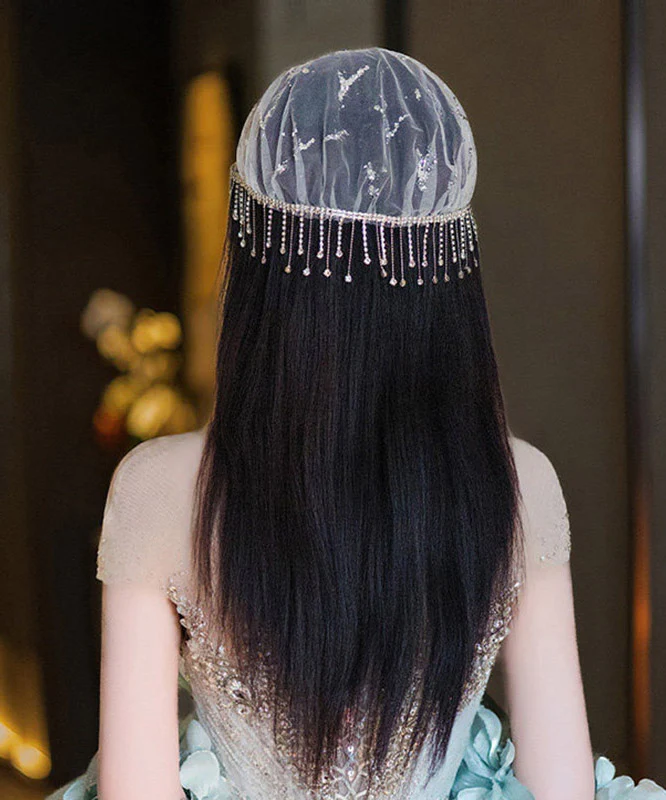 Dinner White Tulle Patchwork Zircon Tassel HairPiece - Image 5