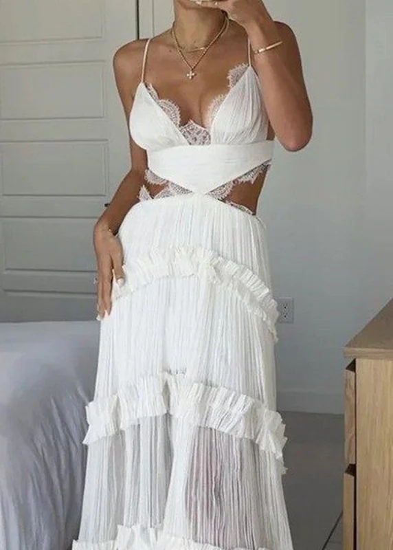 Dinner White V Neck Lack Patchwork Backless Long Spaghetti Strap Dress Summer - Image 2