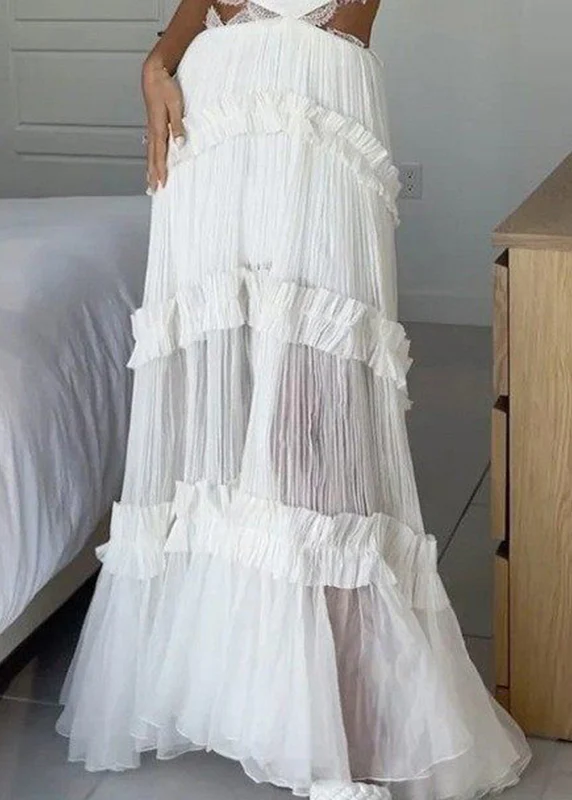 Dinner White V Neck Lack Patchwork Backless Long Spaghetti Strap Dress Summer - Image 4