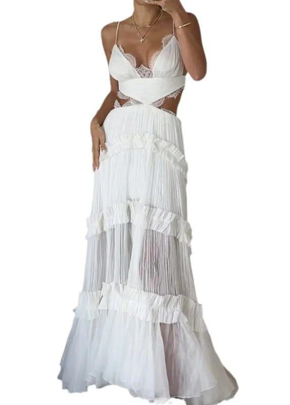 Dinner White V Neck Lack Patchwork Backless Long Spaghetti Strap Dress Summer - Image 5