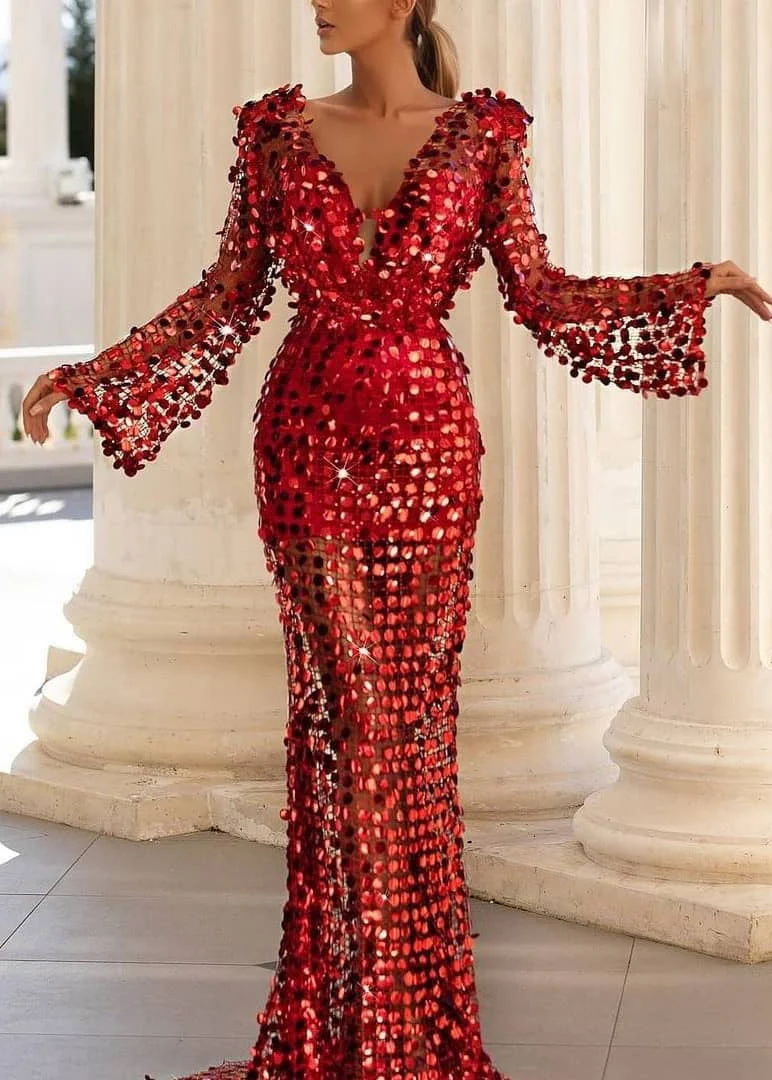 Dinner Wine Red V Neck Sequins Holiday Dress Spring - Image 2