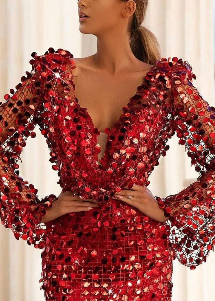Dinner Wine Red V Neck Sequins Holiday Dress Spring - Image 3