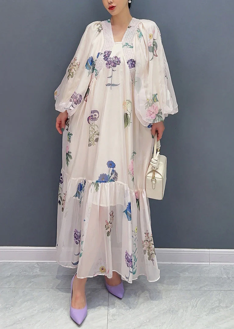 DIY Apricot Oversized Print Chiffon Holiday Dress Summer - Image 2