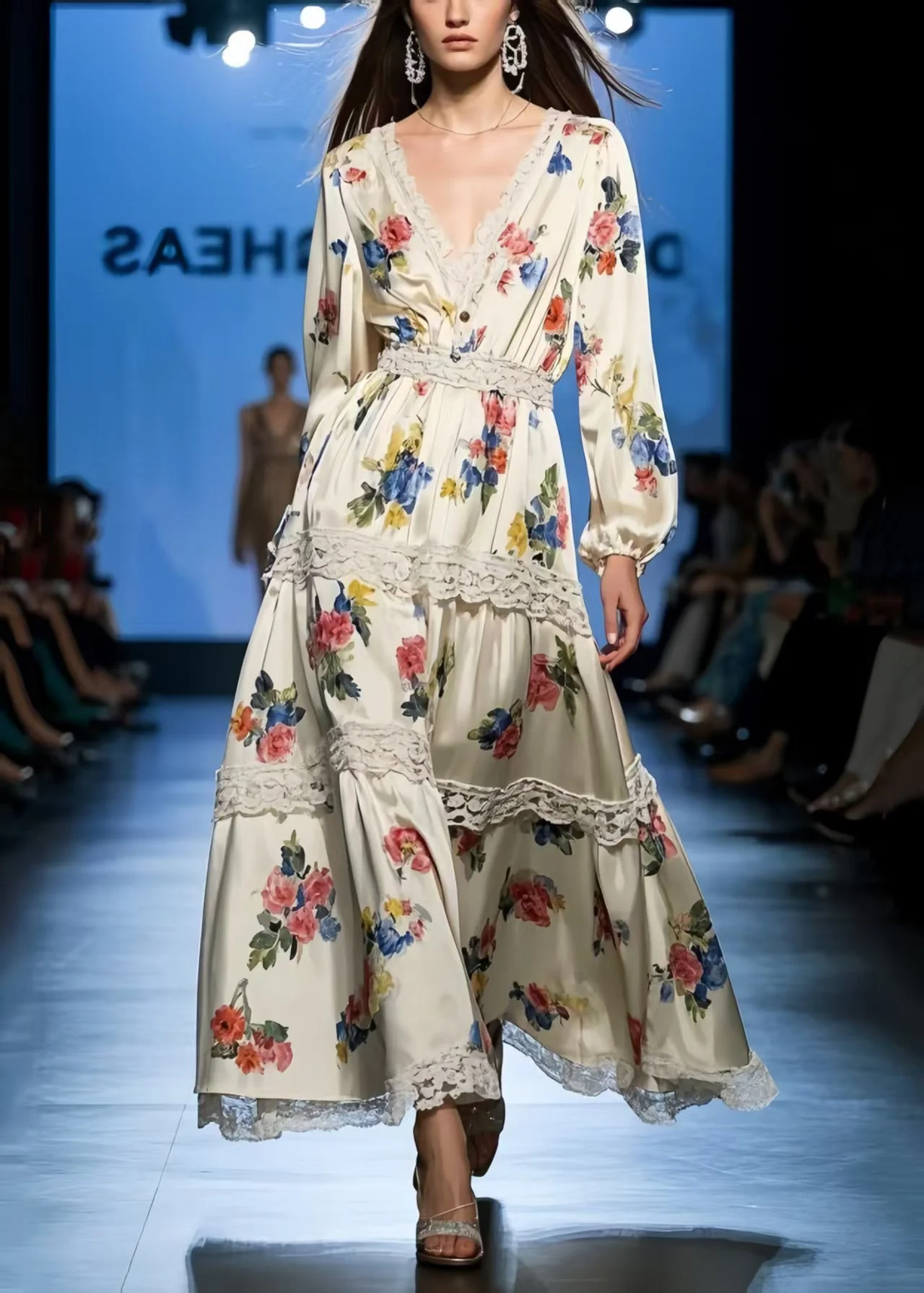DIY Apricot Print Lace Patchwork Silk Holiday Dress Spring - Image 3