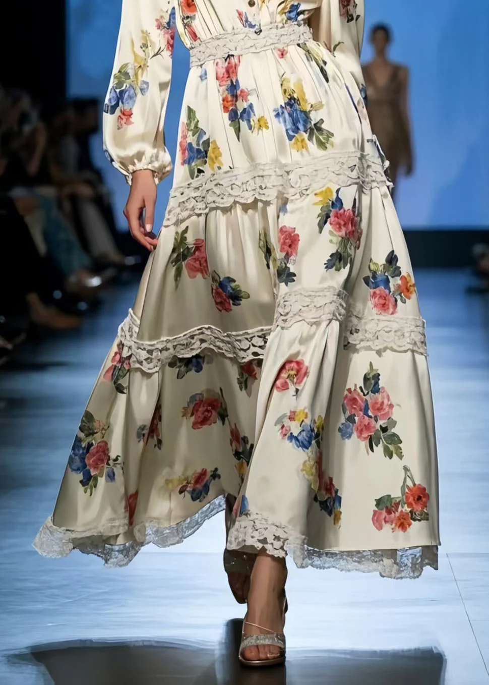 DIY Apricot Print Lace Patchwork Silk Holiday Dress Spring - Image 4