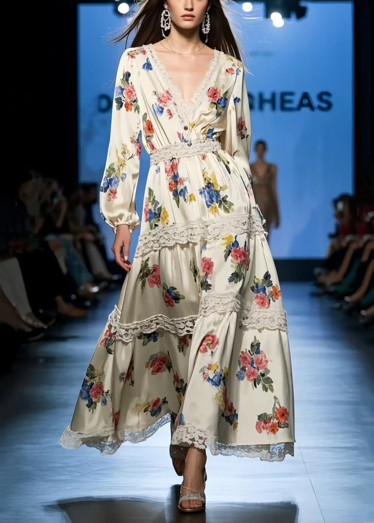 DIY Apricot Print Lace Patchwork Silk Holiday Dress Spring - Image 5