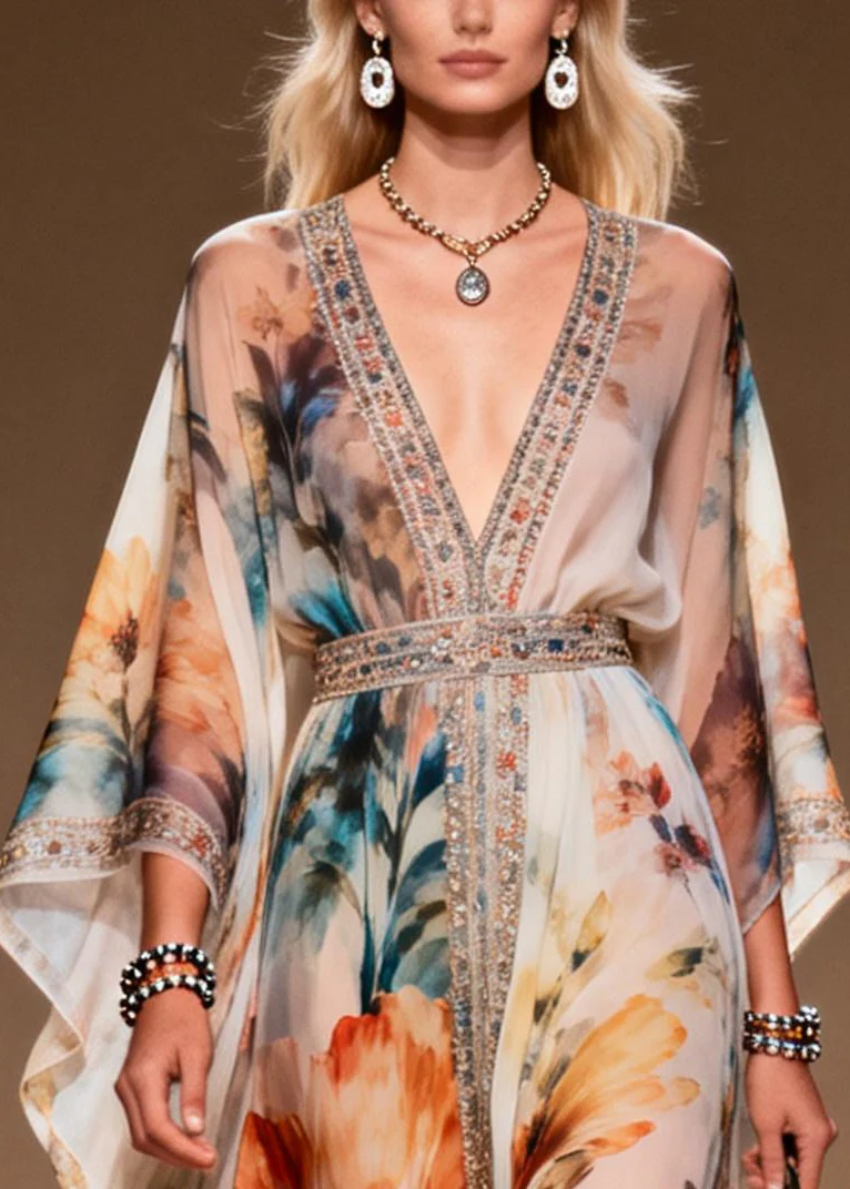 DIY Apricot Print Rhinestone Chiffon Party Dresses Summer - Image 2