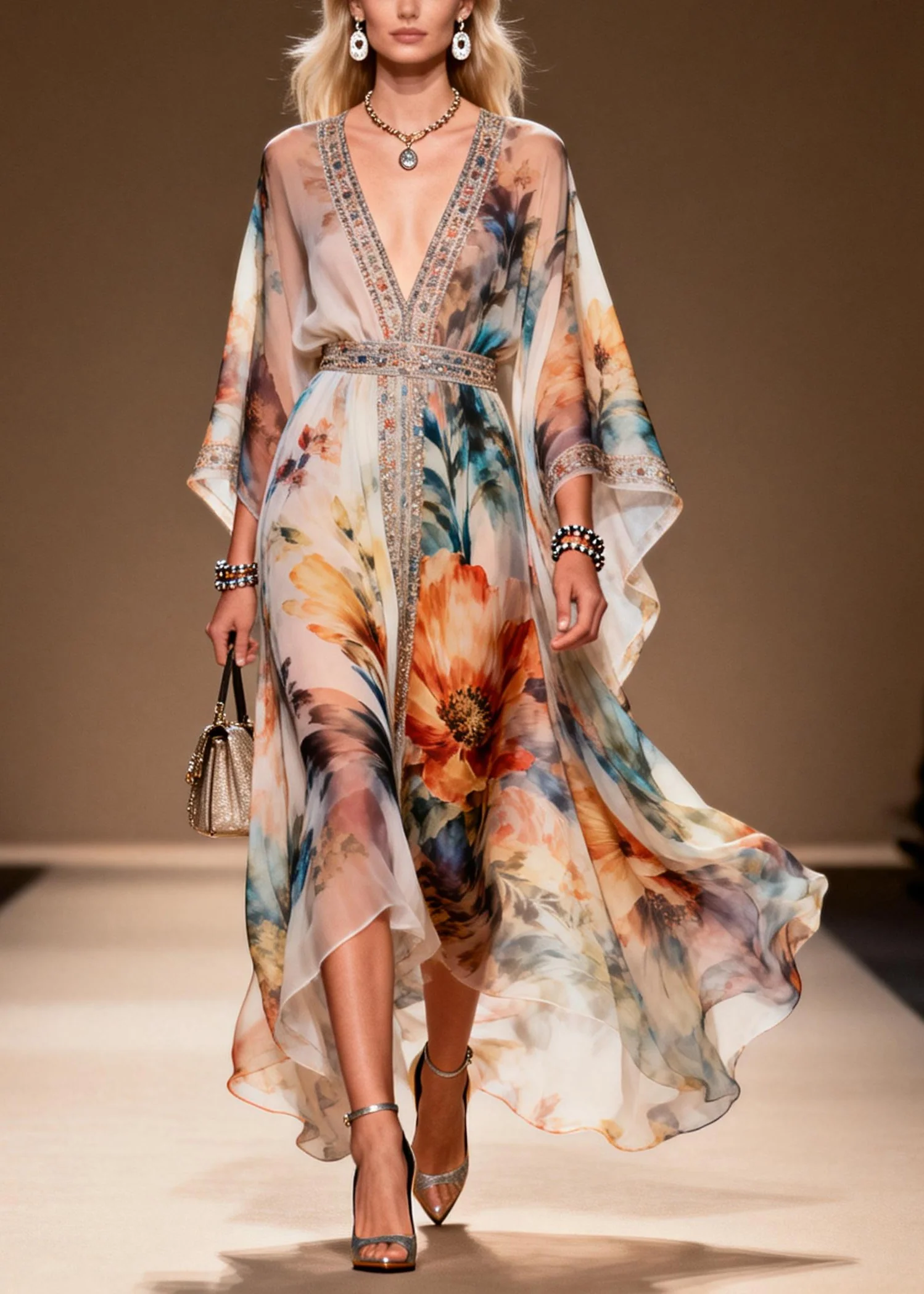 DIY Apricot Print Rhinestone Chiffon Party Dresses Summer - Image 3