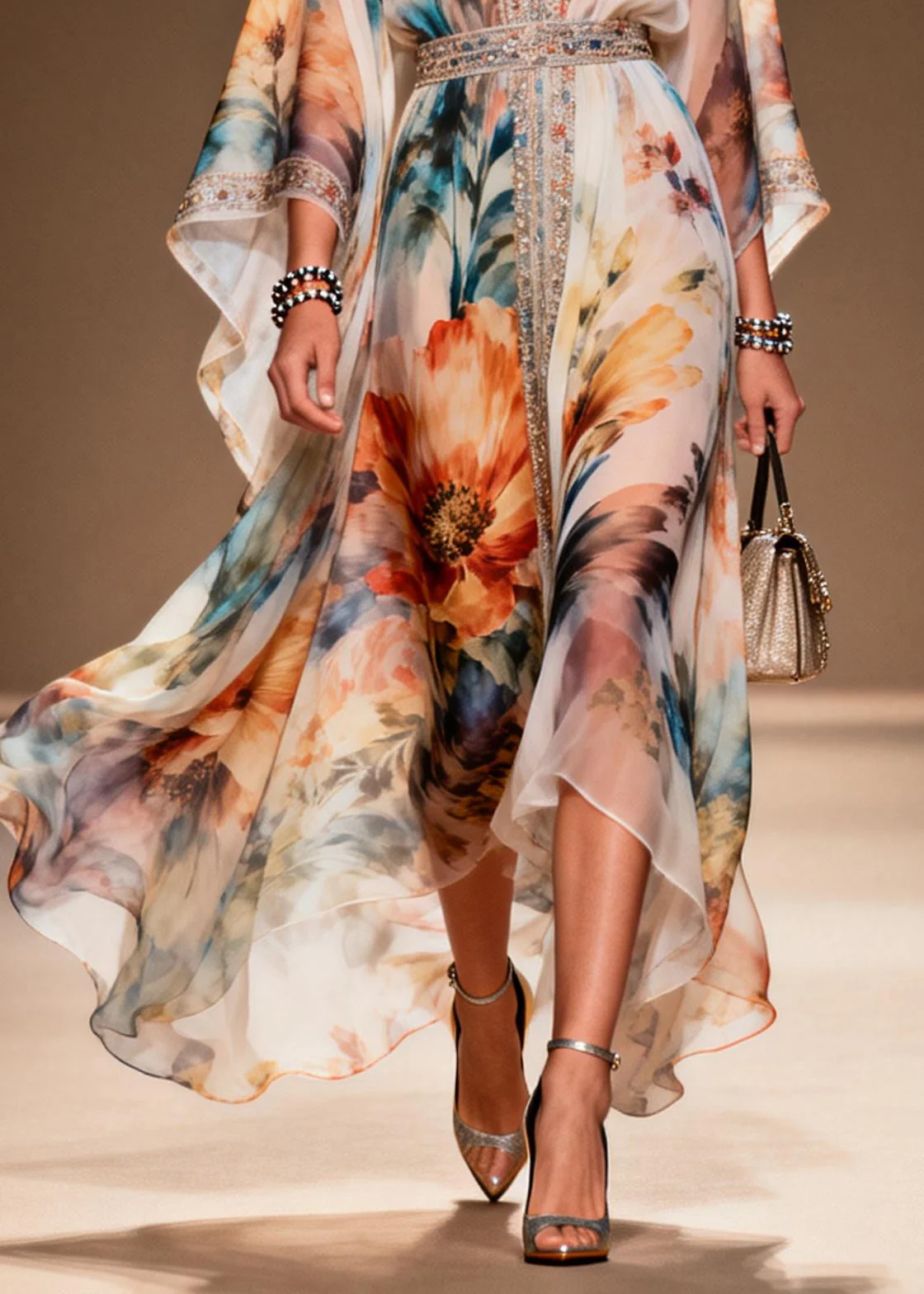 DIY Apricot Print Rhinestone Chiffon Party Dresses Summer - Image 4