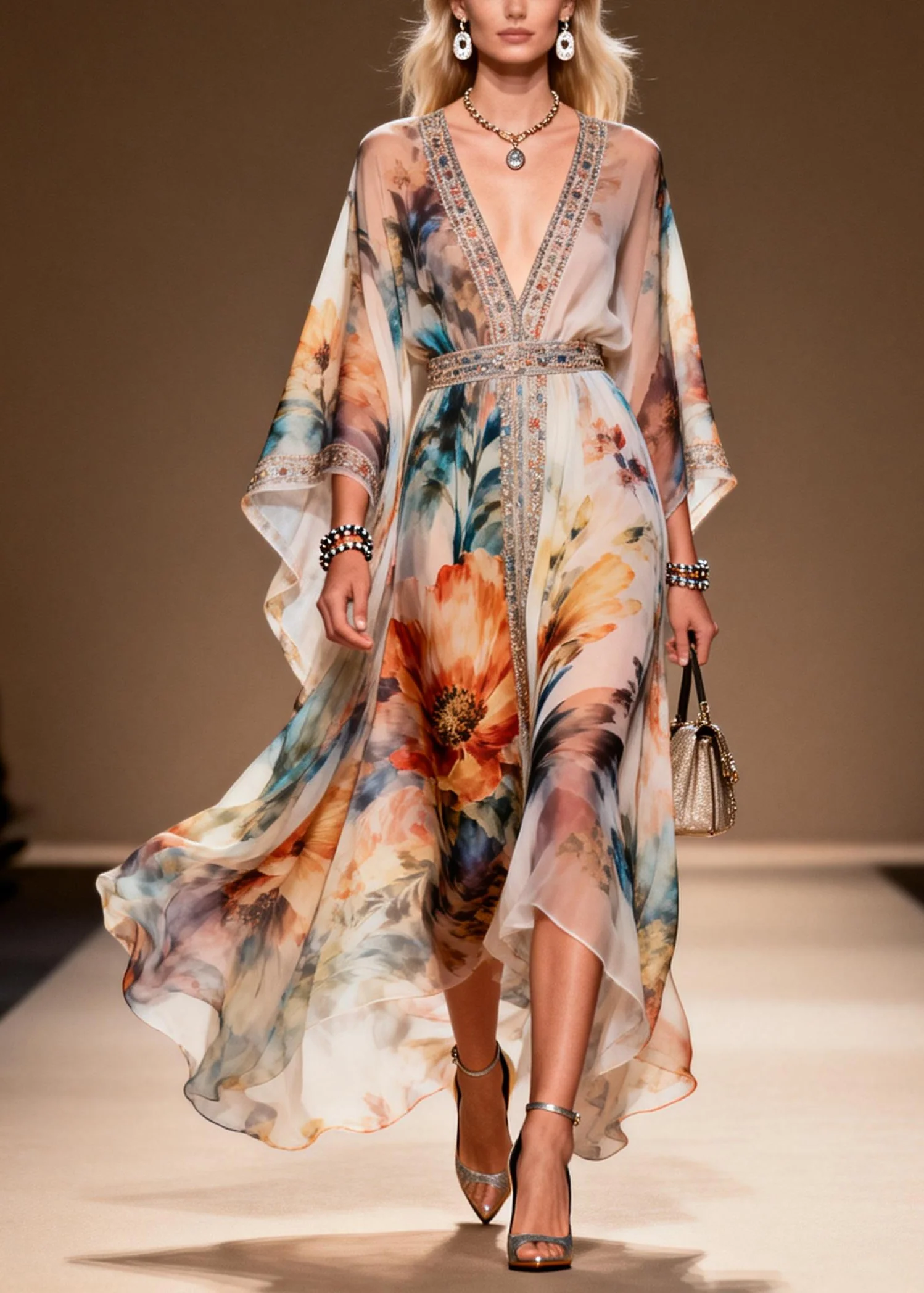 DIY Apricot Print Rhinestone Chiffon Party Dresses Summer - Image 5