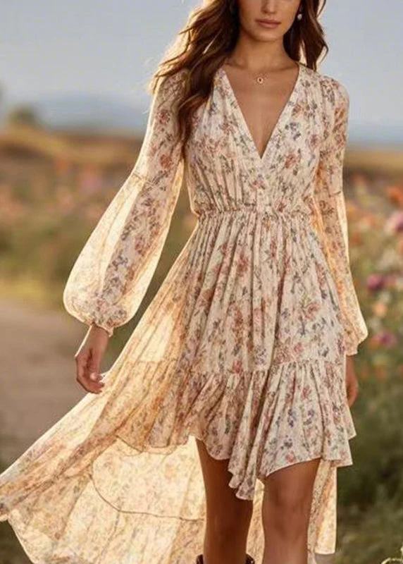 DIY Apricot Print Wrinkled Party Chiffon Maxi Dress Spring - Image 2
