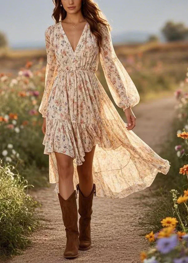 DIY Apricot Print Wrinkled Party Chiffon Maxi Dress Spring - Image 3