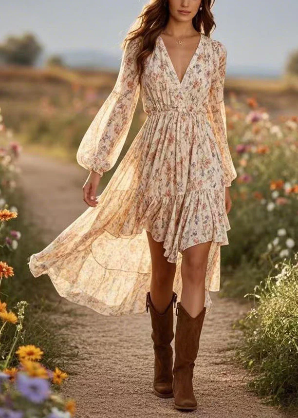 DIY Apricot Print Wrinkled Party Chiffon Maxi Dress Spring - Image 5