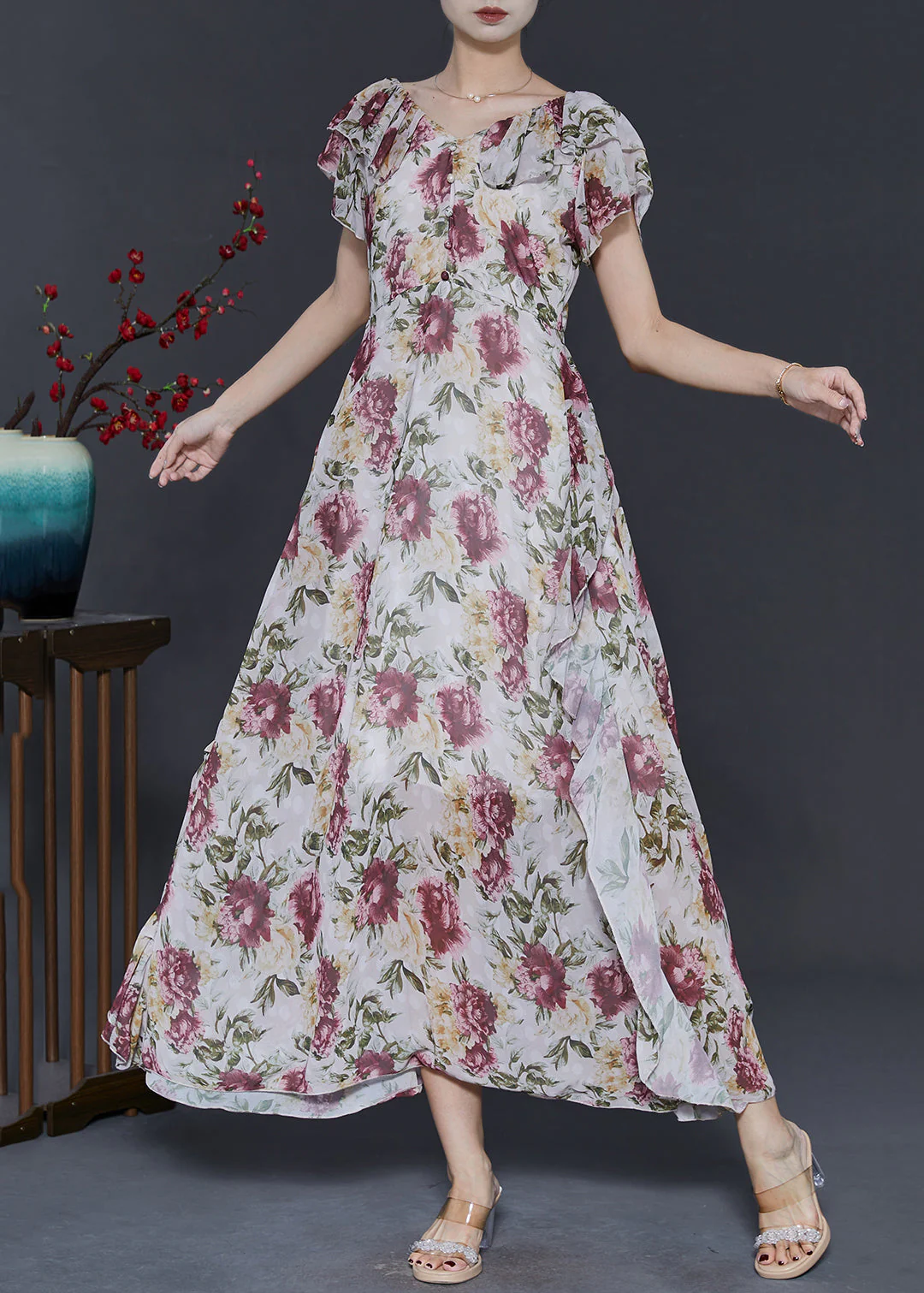 DIY Apricot Ruffled Print Chiffon Dresses Summer - Image 3