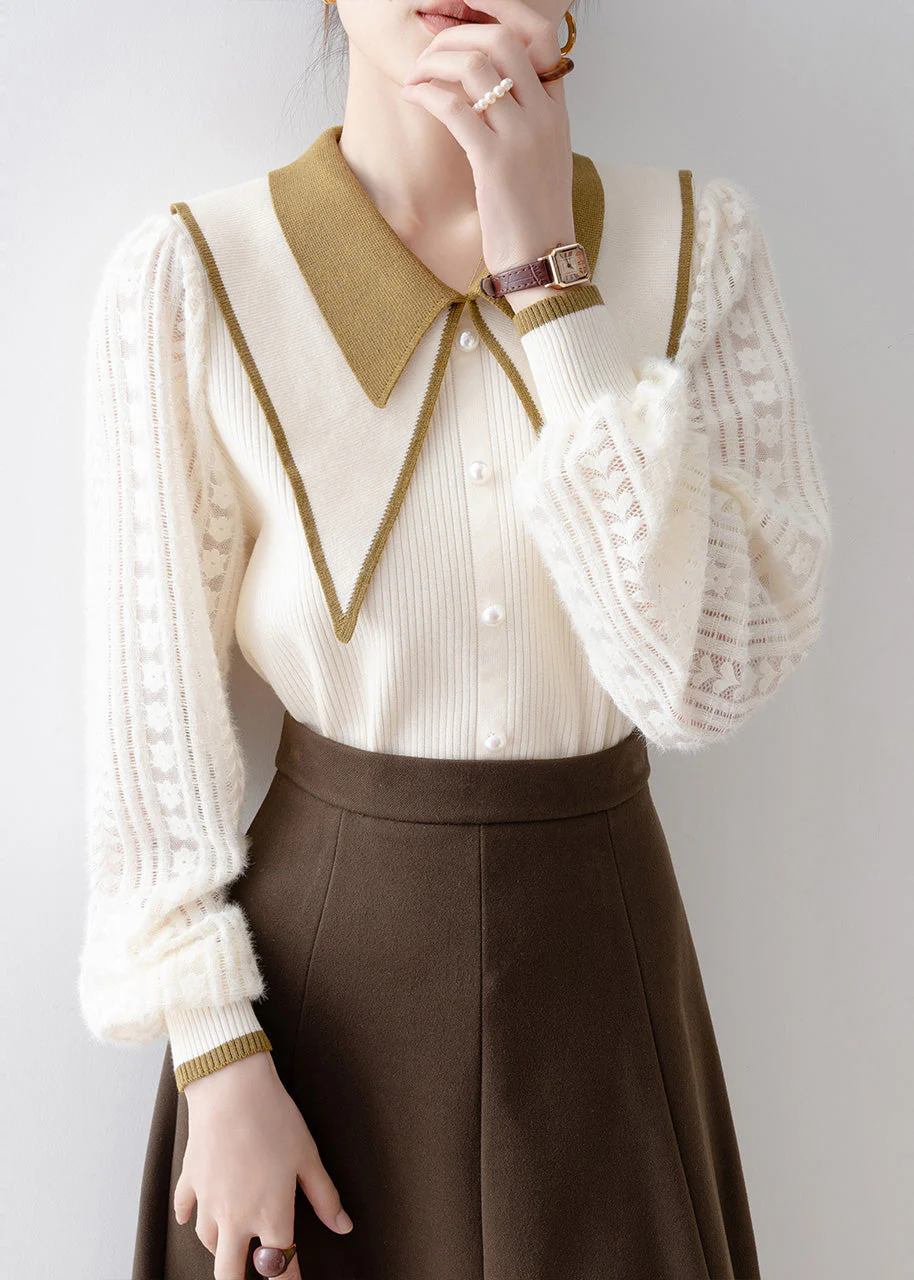 DIY Beige Double-layer Nail Bead Knit Sweater Winter - Image 3