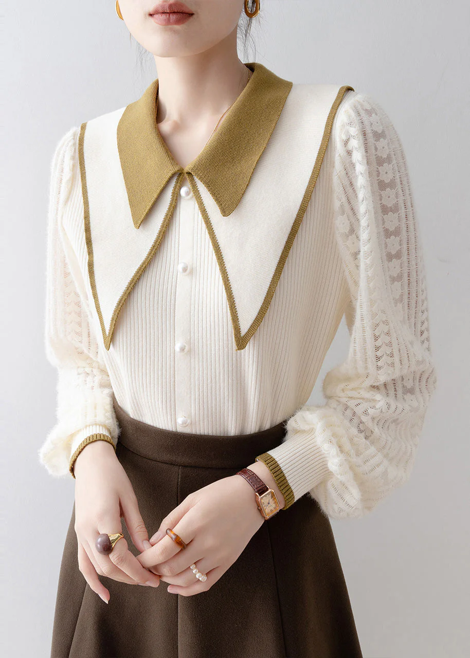 DIY Beige Double-layer Nail Bead Knit Sweater Winter - Image 4
